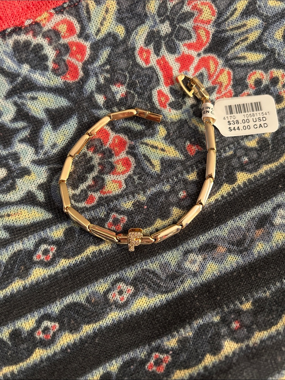 Anthropologie Gold-Tone Pave Charm Link Bracelet with initial F